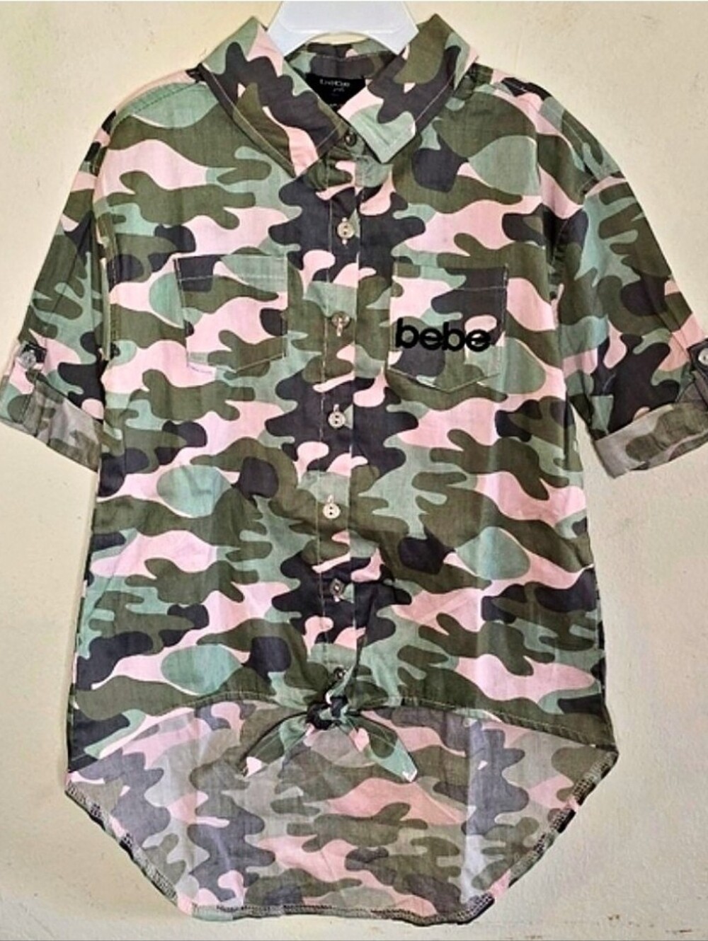 BEBE Girls Top 5/6 Pink Green Camo Button Front High Low Tie Short Sleeve Cotton